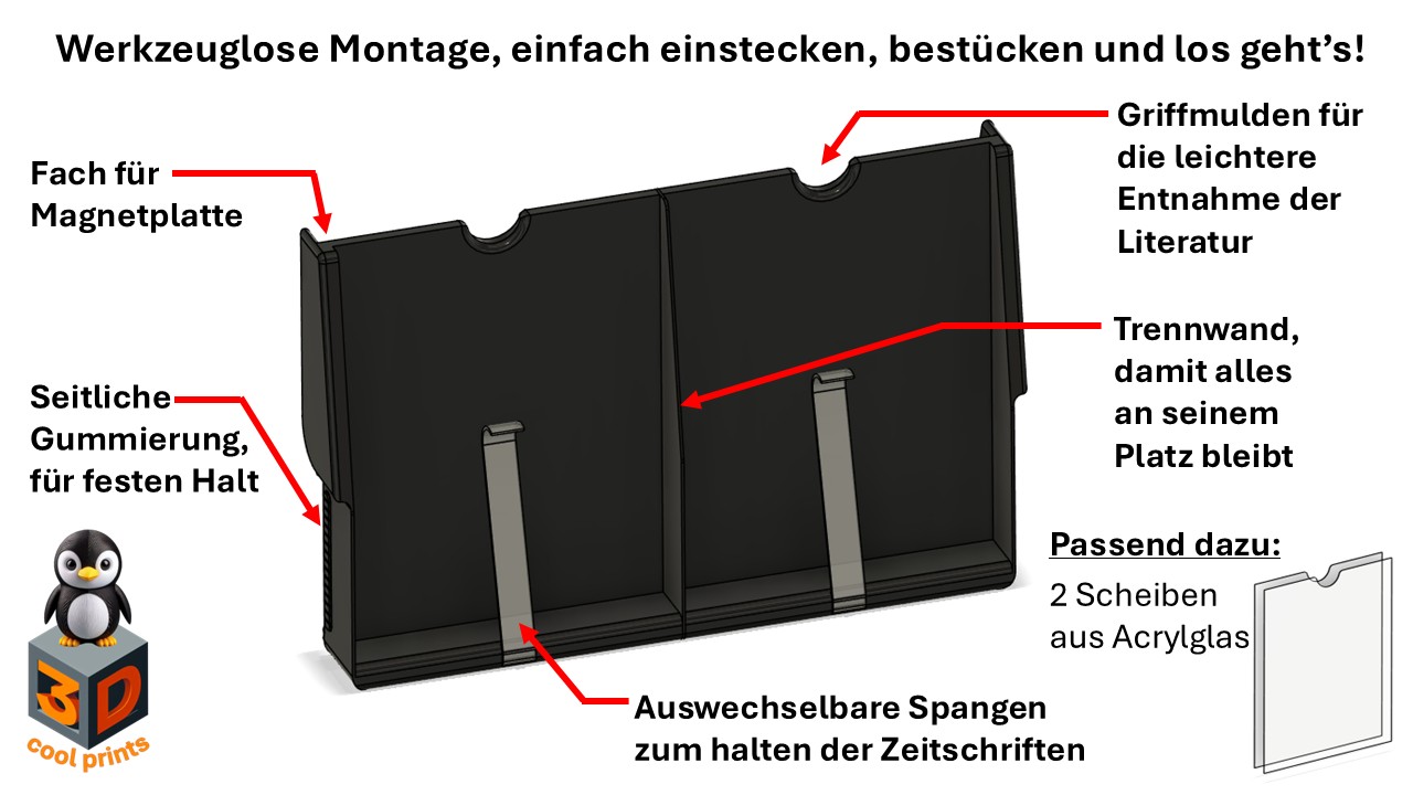 Darstellung es Literaturhalters mit Zusatzinformationen zu den Produkteigenschaften