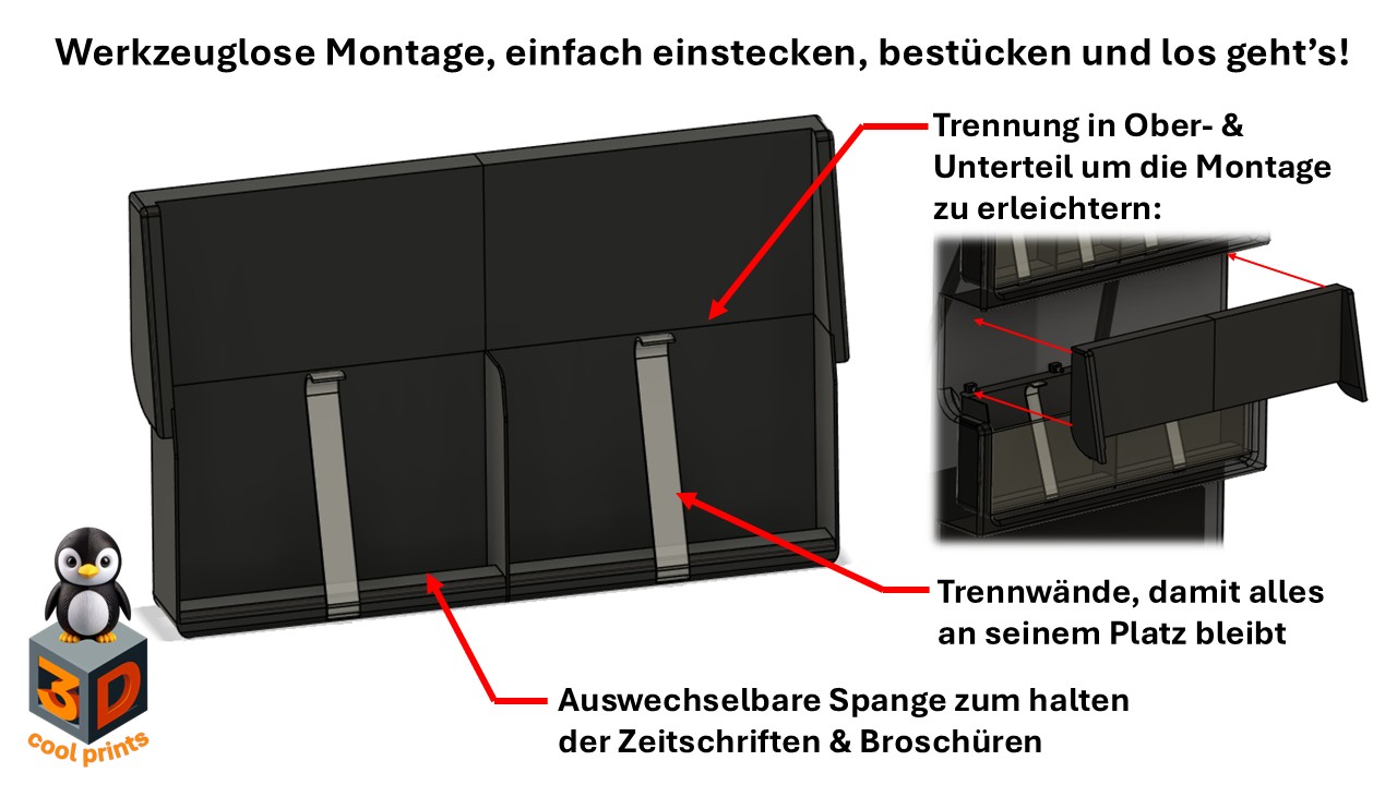 Darstellung es Literaturhalters mit Zusatzinformationen zu den Produkteigenschaften